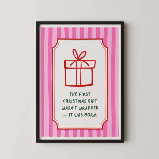 A modern stylized gift box wall art featuring a red line-art present on a white panel with pink stripes and a decorative red border.