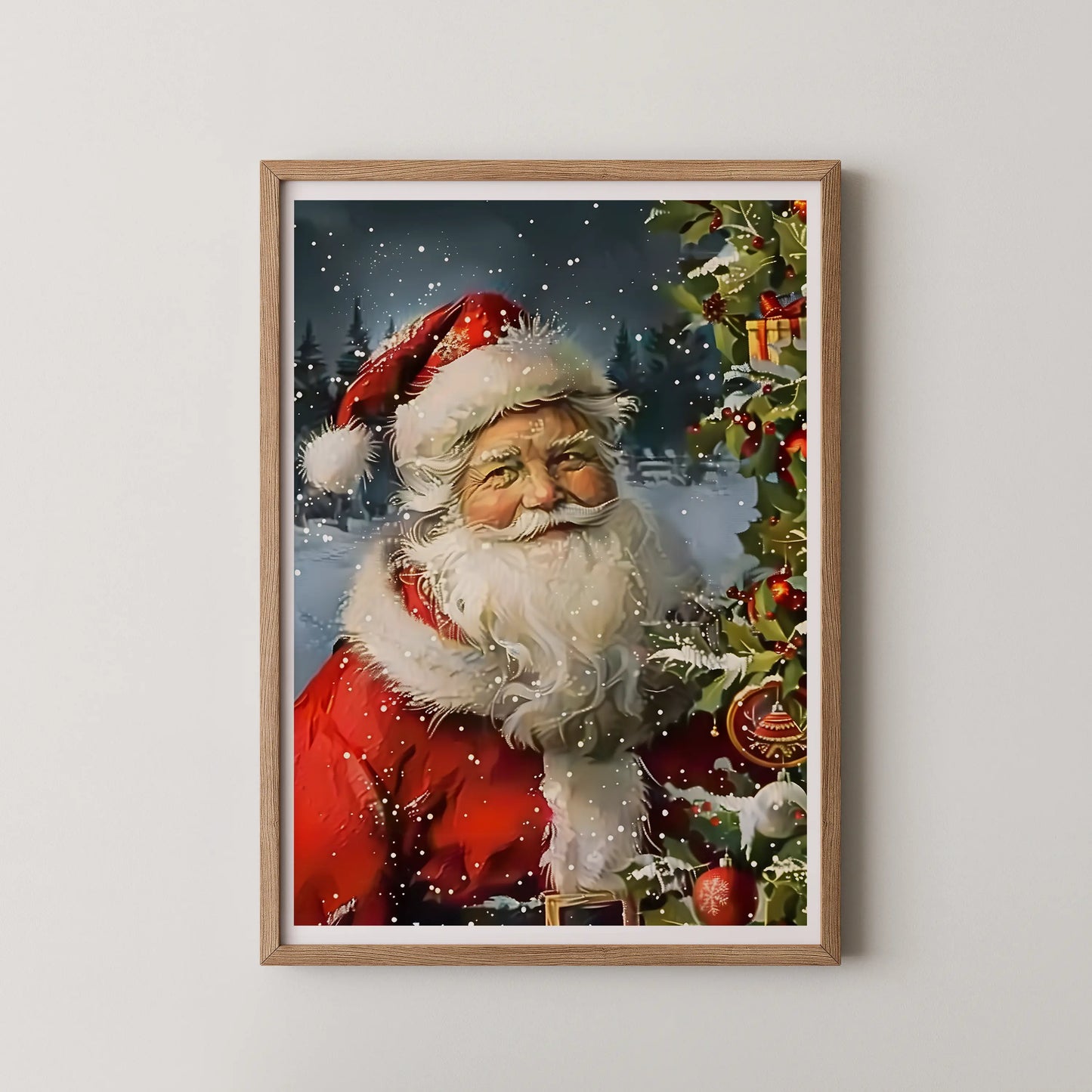 A classic vintage illustration of Santa Claus with a festive glow, perfect for holiday decor.