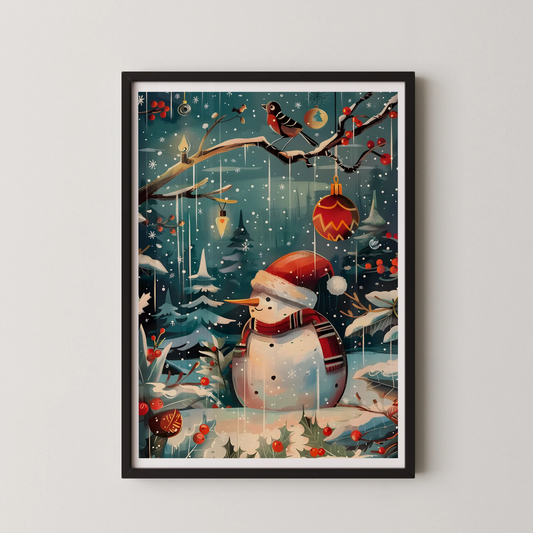 A whimsical modern illustration of a snowman wearing a Santa hat in a festive forest, perfect for a cozy home.