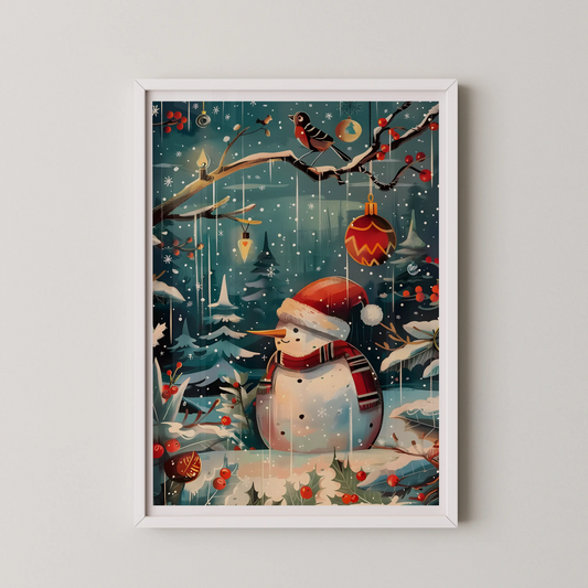 A whimsical modern illustration of a snowman wearing a Santa hat in a festive forest, perfect for a cozy home.