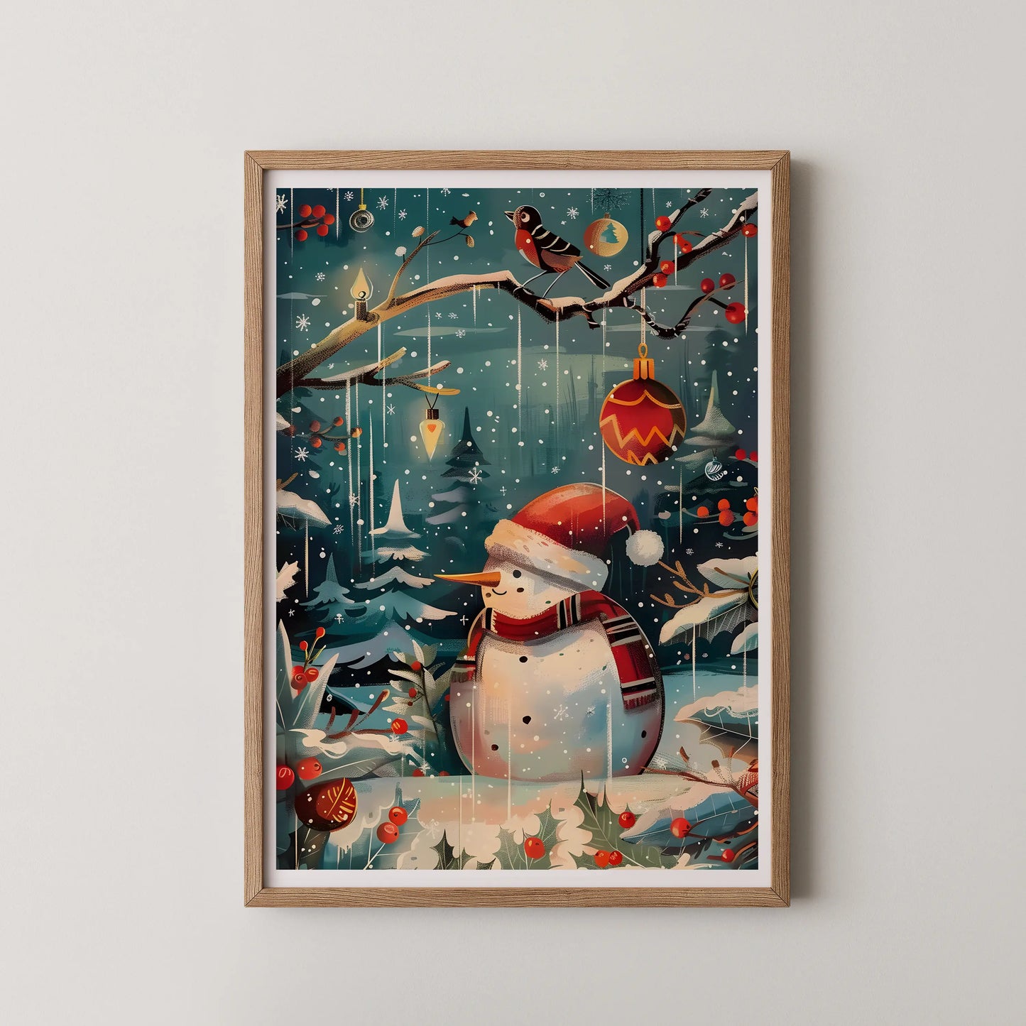 A whimsical modern illustration of a snowman wearing a Santa hat in a festive forest, perfect for a cozy home.