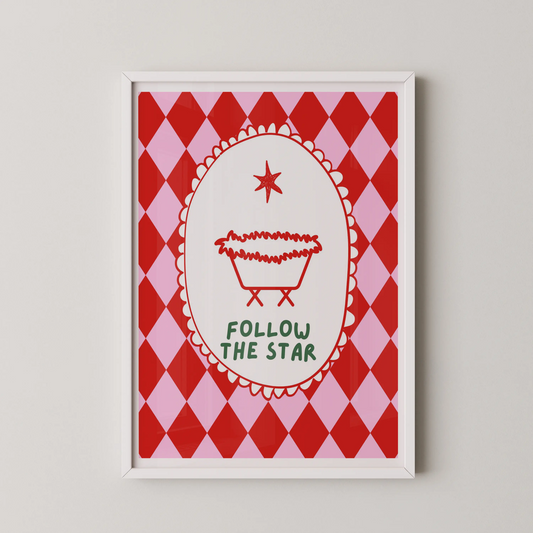 A modern graphic art print of a baby carriage in a scalloped frame on an argyle background, with the text "FOLLOW THE STAR".