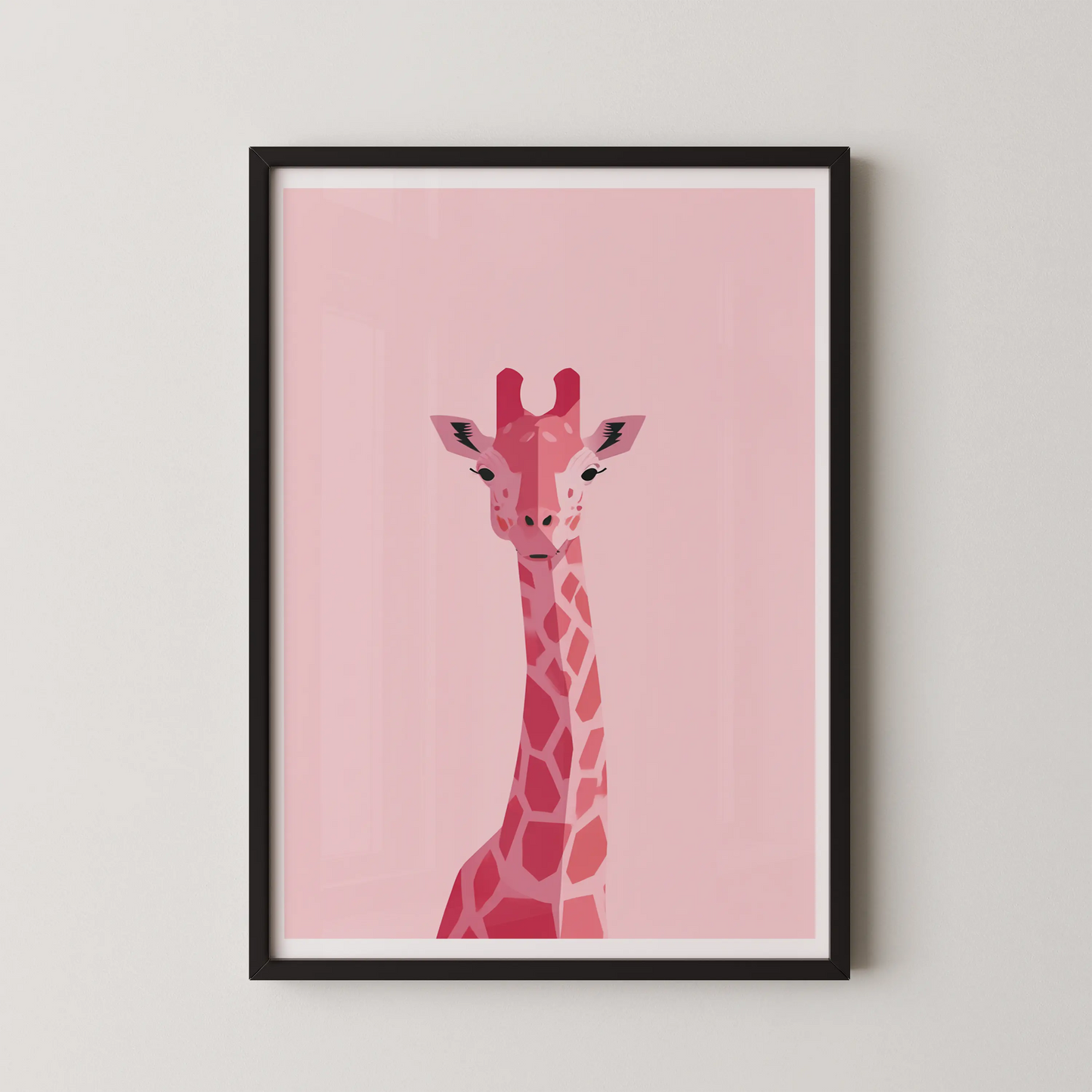 A modern minimalist wall art poster of a giraffe in gentle pastel hues.