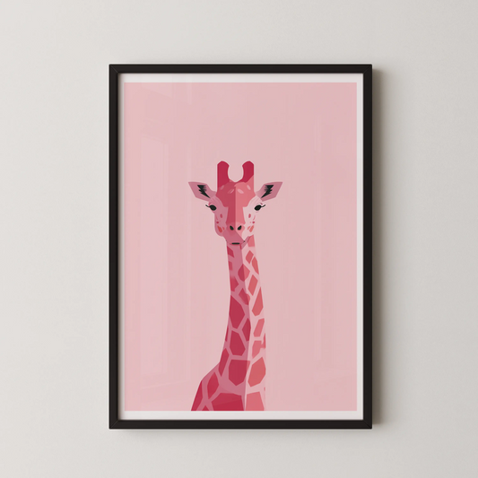 A modern minimalist wall art poster of a giraffe in gentle pastel hues.