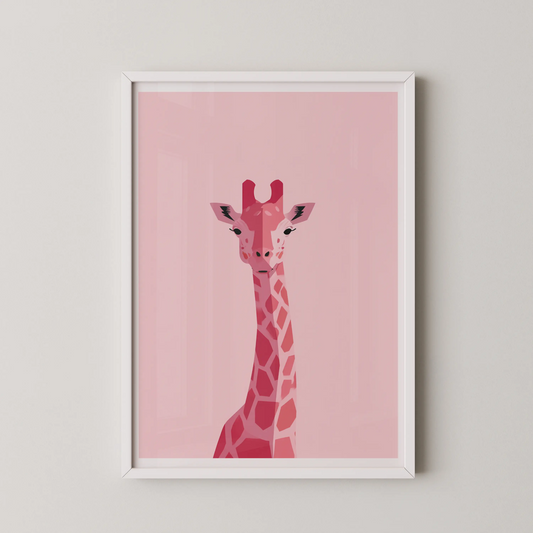 A modern minimalist wall art poster of a giraffe in gentle pastel hues.