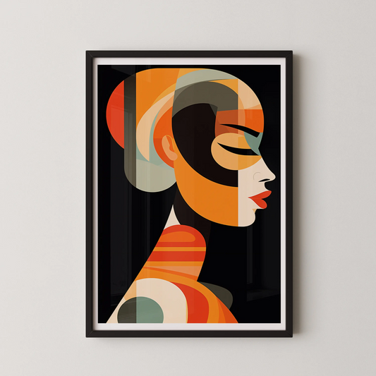 A modern abstract wall art poster featuring a female silhouette composed of geometric shapes and vibrant colors.