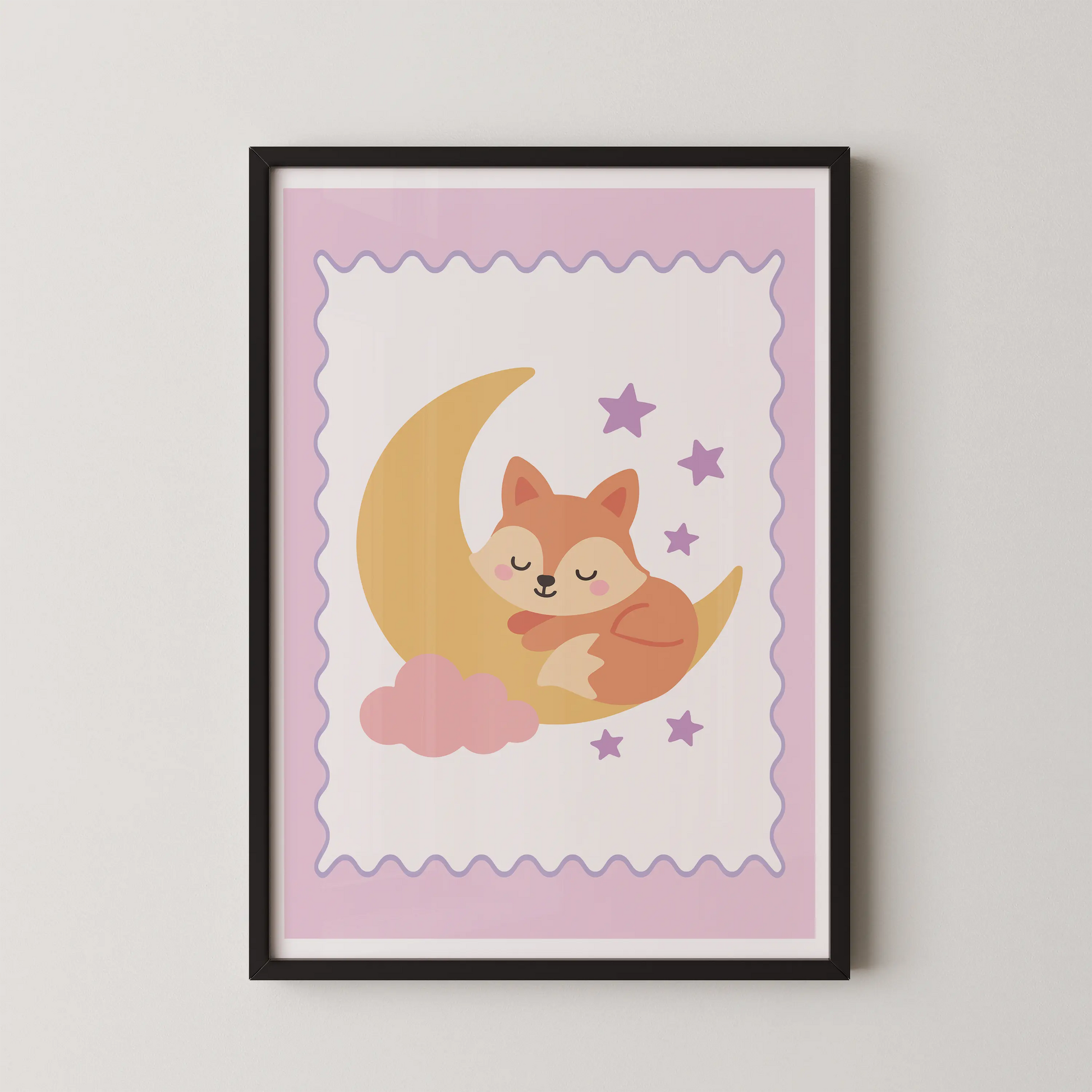 A minimalist illustration of a sleeping fox hugging a golden moon, surrounded by lavender stars.