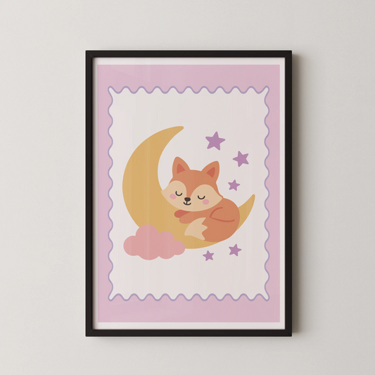 A minimalist illustration of a sleeping fox hugging a golden moon, surrounded by lavender stars.