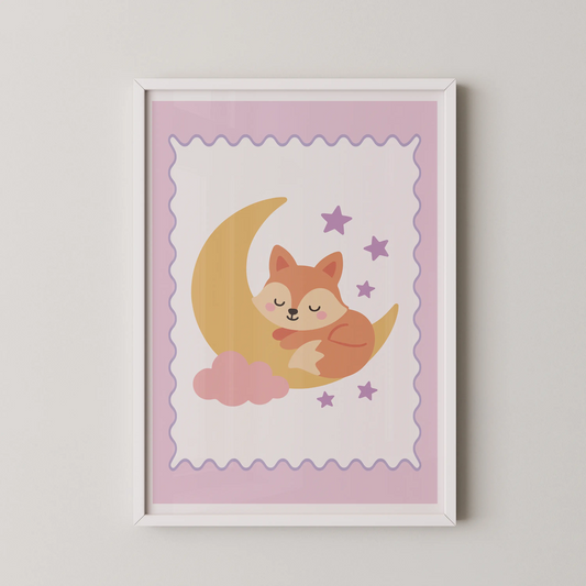 A minimalist illustration of a sleeping fox hugging a golden moon, surrounded by lavender stars.