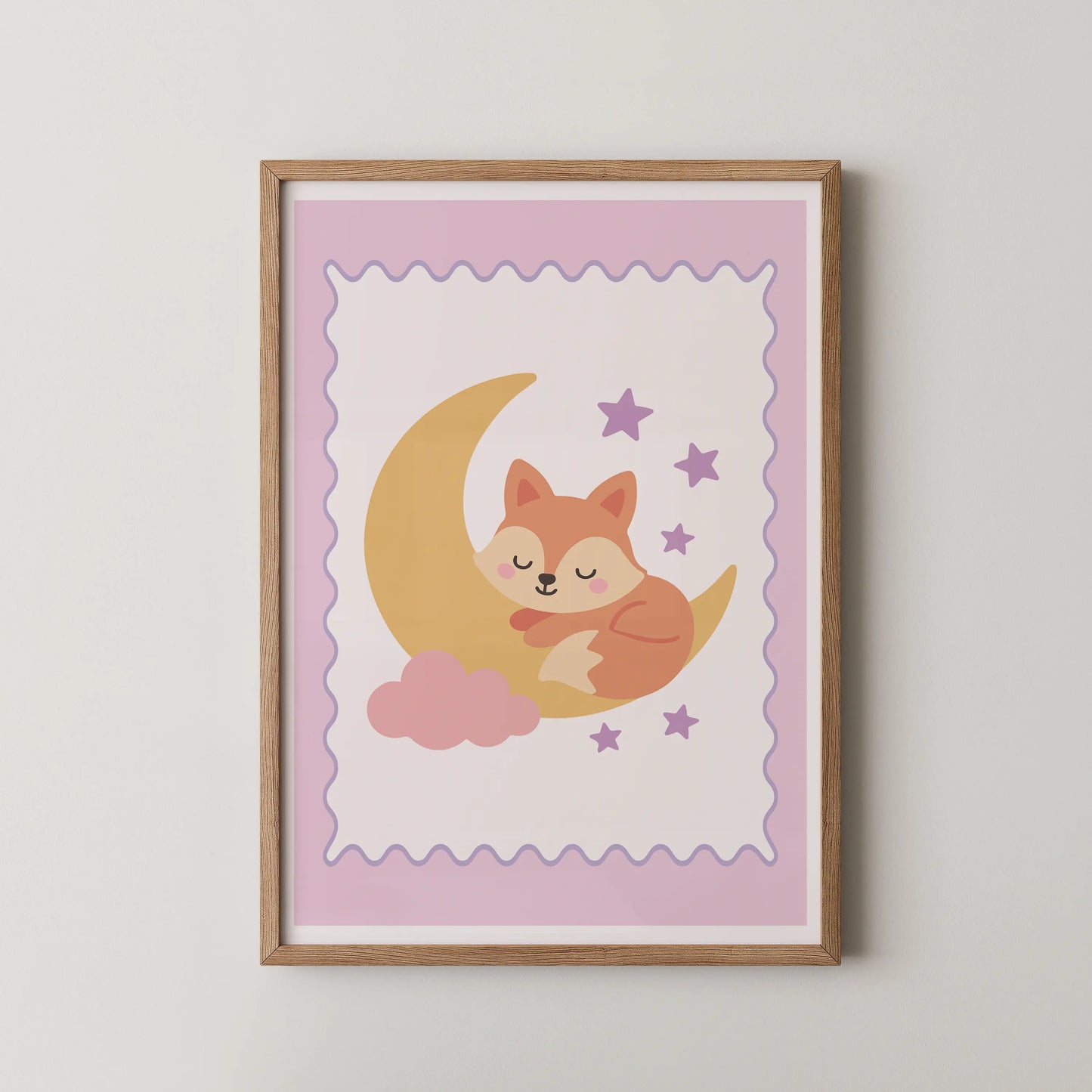 A minimalist illustration of a sleeping fox hugging a golden moon, surrounded by lavender stars.