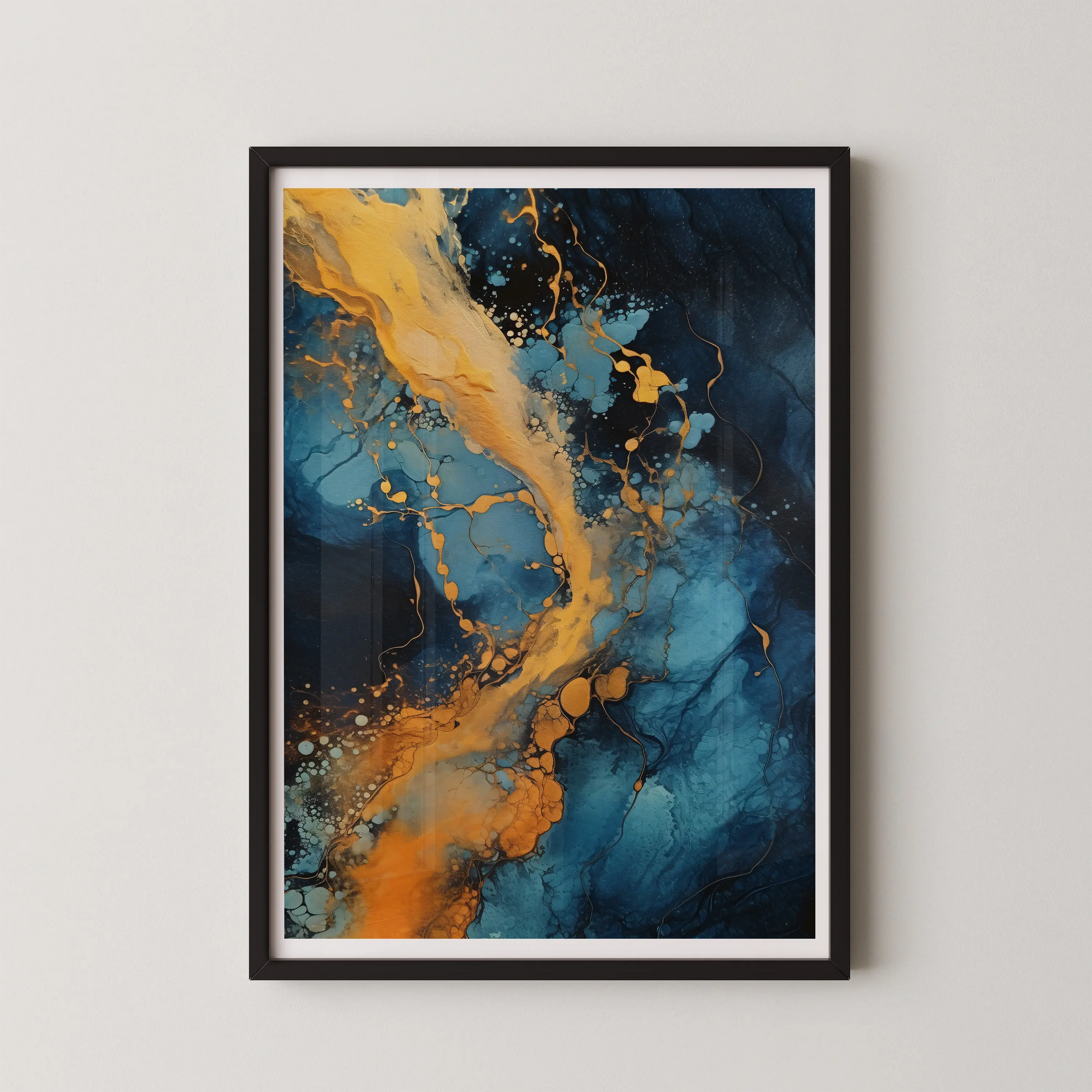 A modern abstract wall art poster featuring a swirling flow of golden yellow and turquoise blue colors.