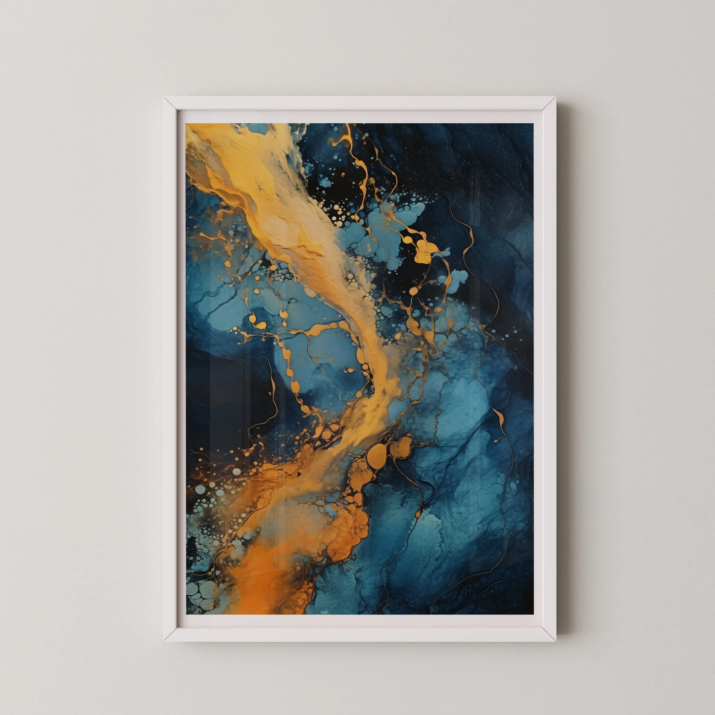 A modern abstract wall art poster featuring a swirling flow of golden yellow and turquoise blue colors.