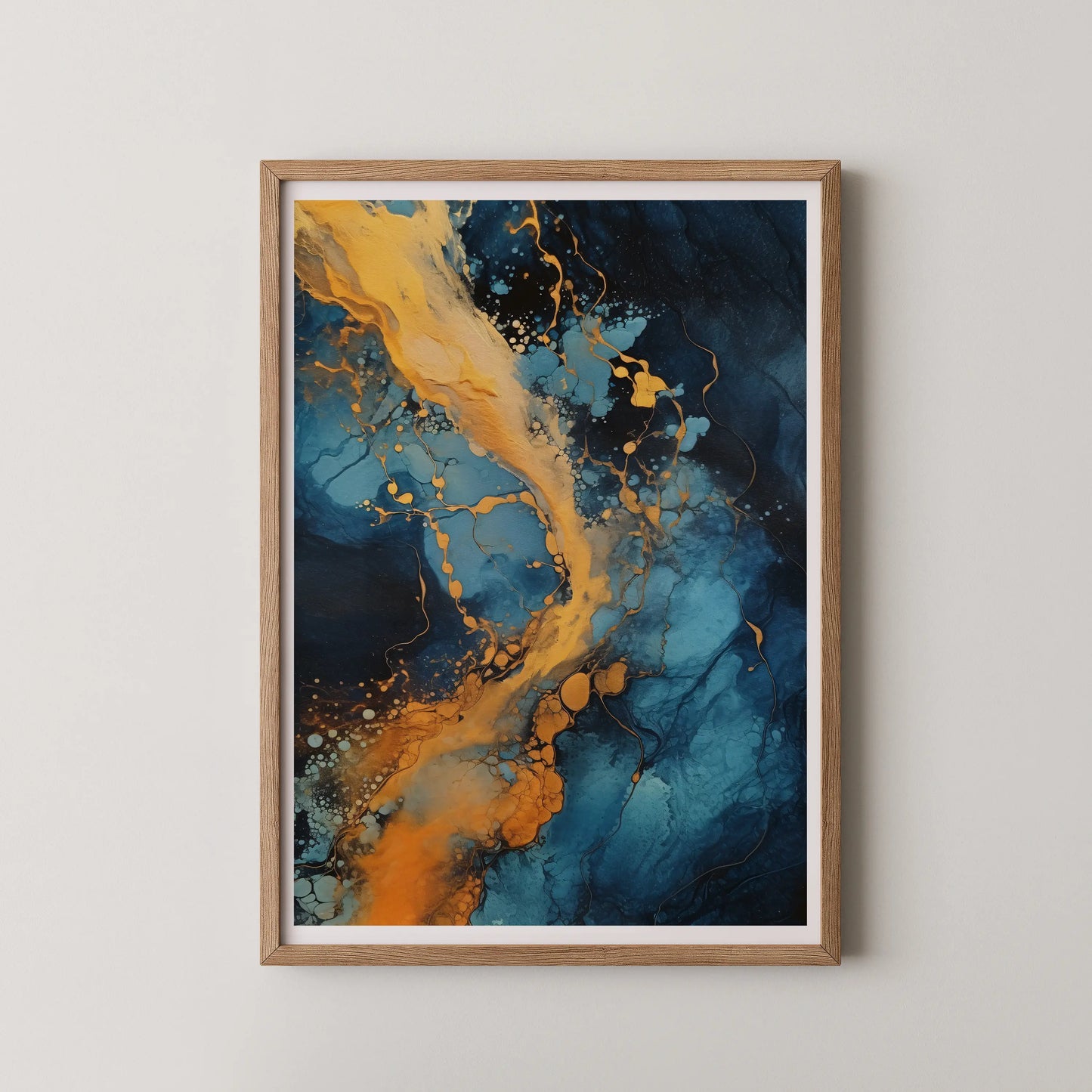 A modern abstract wall art poster featuring a swirling flow of golden yellow and turquoise blue colors.