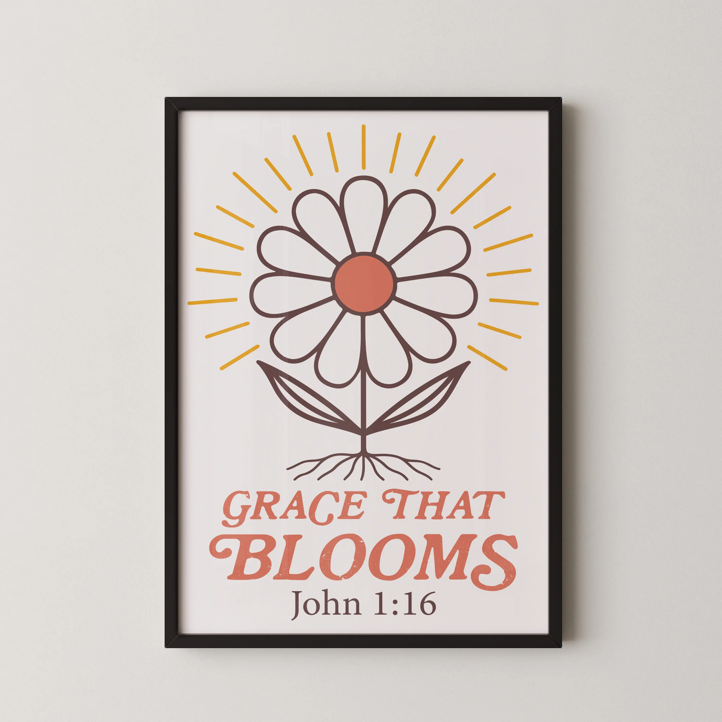 A modern stylized flower artwork with bold lines and uplifting text "Grace That Blooms".