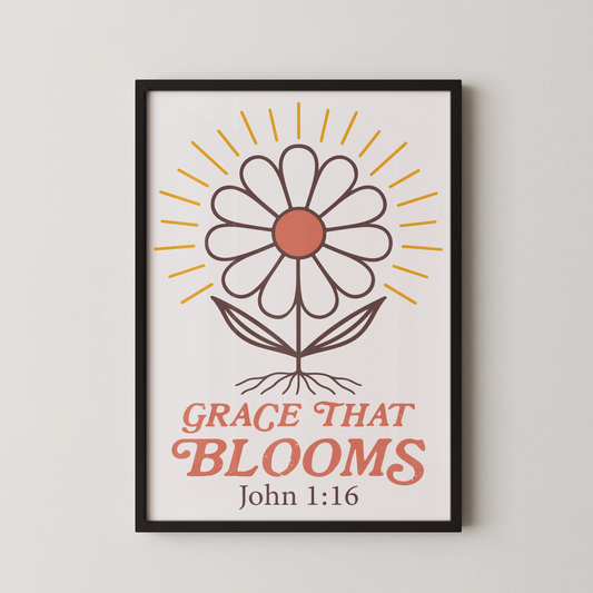 A modern stylized flower artwork with bold lines and uplifting text "Grace That Blooms".