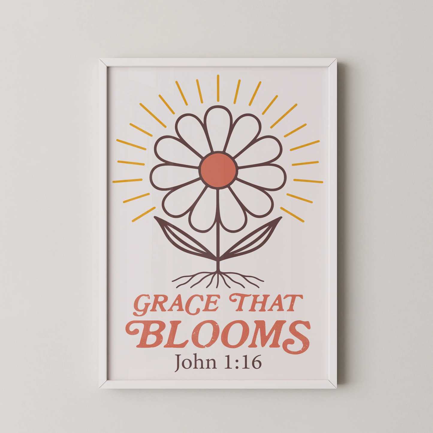 A modern stylized flower artwork with bold lines and uplifting text "Grace That Blooms".
