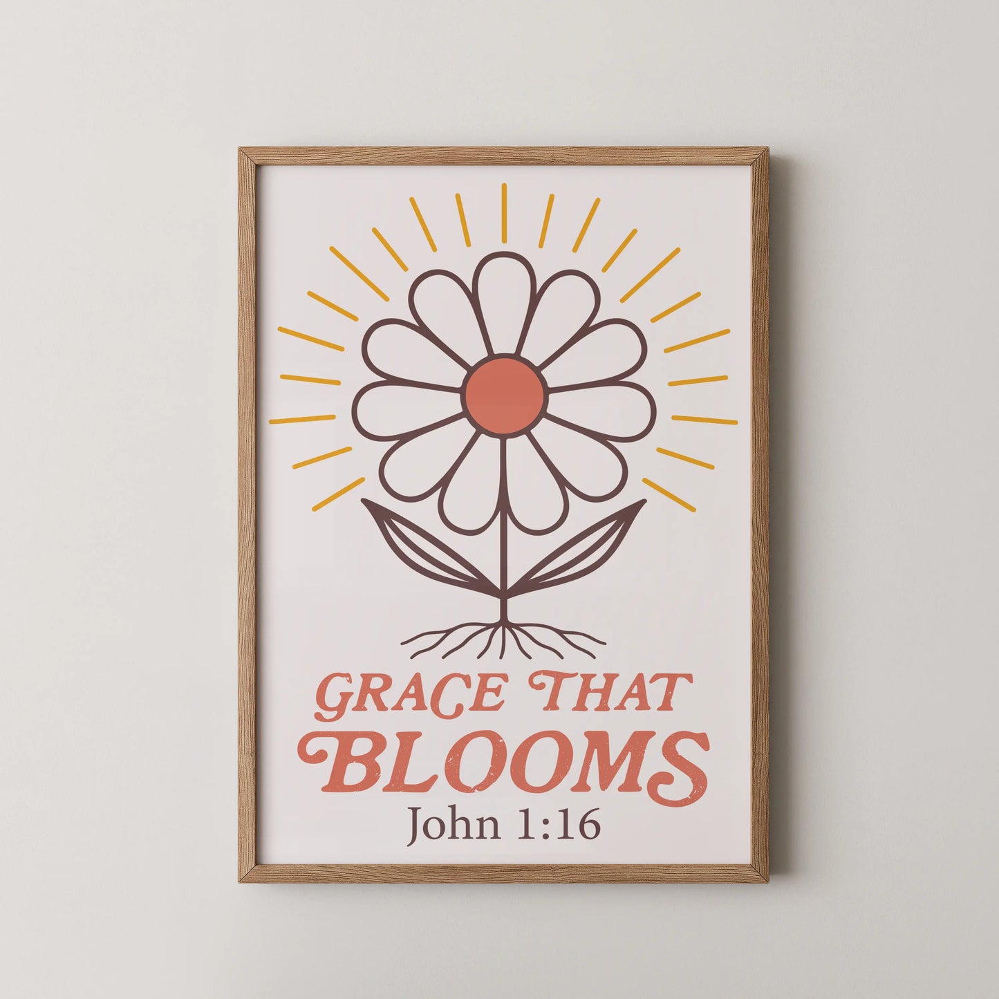 A modern stylized flower artwork with bold lines and uplifting text "Grace That Blooms".