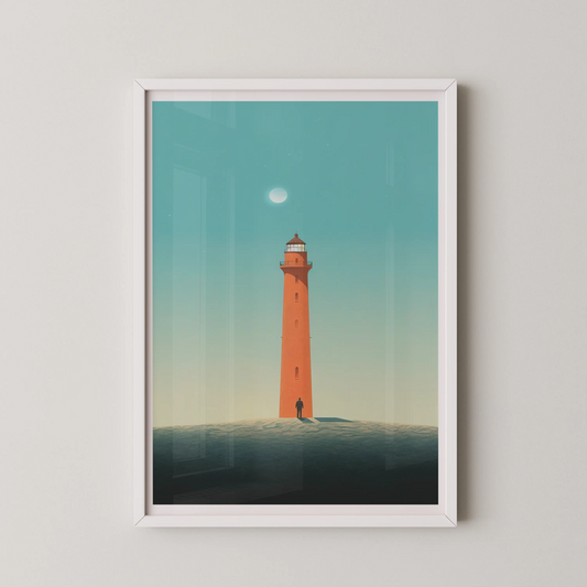A minimalist lighthouse and figure artwork in a serene gradient sky, evoking solitude and guidance.