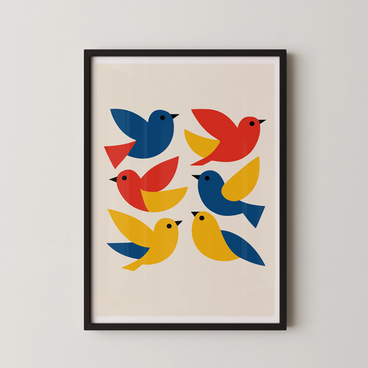 A modern minimalist art print featuring stylized birds in a playful composition.