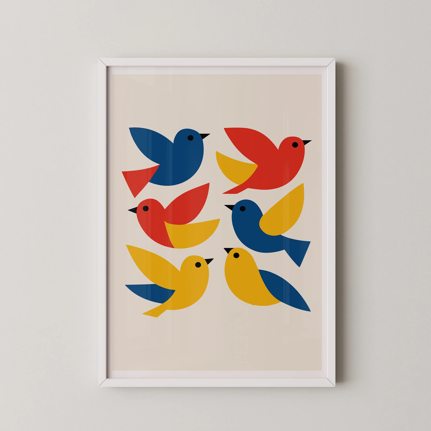 A modern minimalist art print featuring stylized birds in a playful composition.