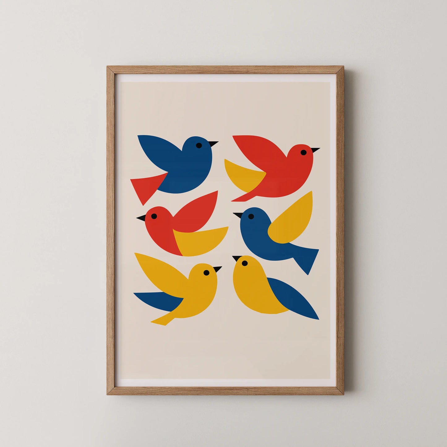 A modern minimalist art print featuring stylized birds in a playful composition.