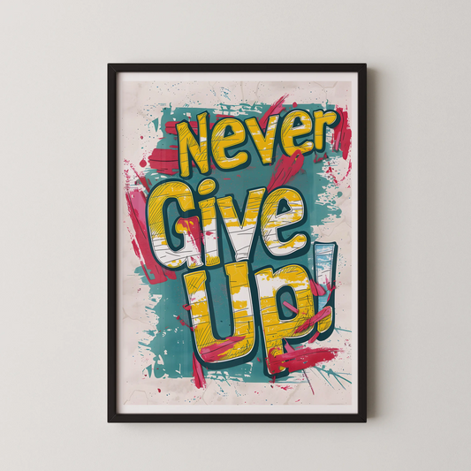 A bold graffiti style typographic poster featuring the phrase "Never Give Up!" in bright yellow lettering with black outlines, set against a vibrant teal and pink abstract background.