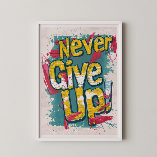 A bold graffiti style typographic poster featuring the phrase "Never Give Up!" in bright yellow lettering with black outlines, set against a vibrant teal and pink abstract background.