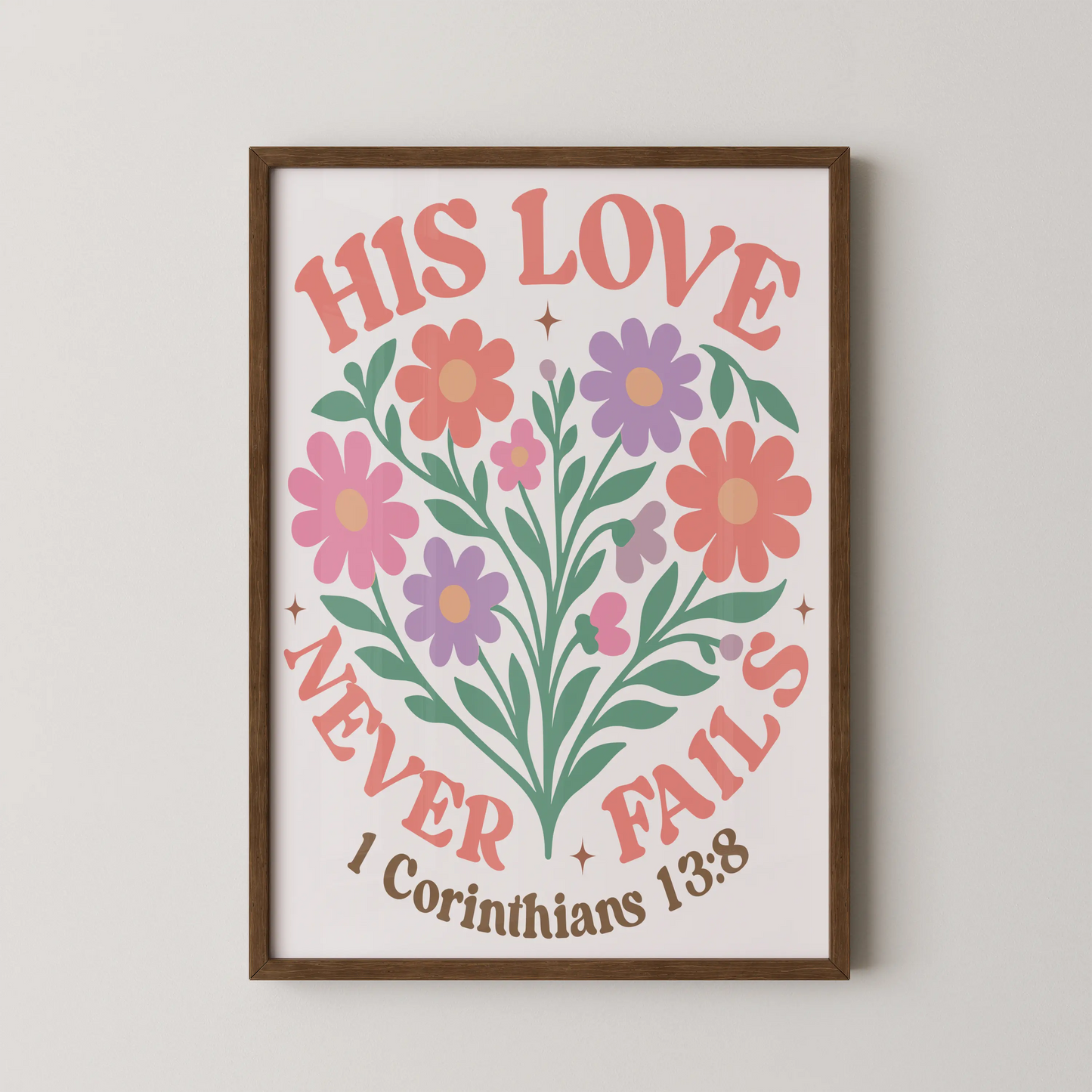 A modern illustrative wall art featuring floral elements with the text "HIS LOVE NEVER FAILS" against a pale background.