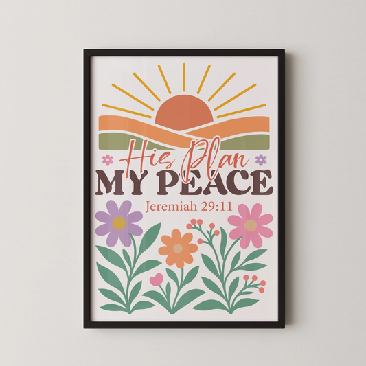 A modern digital illustration featuring the quote "His Plan is Peace, Jeremiah 29:11" with a sun and floral motifs.