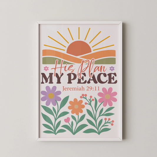 A modern digital illustration featuring the quote "His Plan is Peace, Jeremiah 29:11" with a sun and floral motifs.