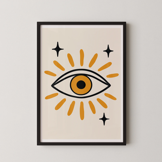 A modern minimalist art piece featuring a boldly illustrated eye in golden amber and black tones.