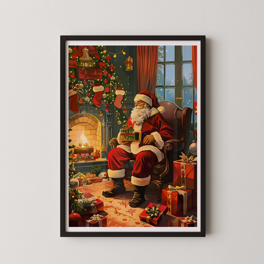 A classic illustration of jolly Santa Claus seated by a hearth, in a painterly digital realism style.