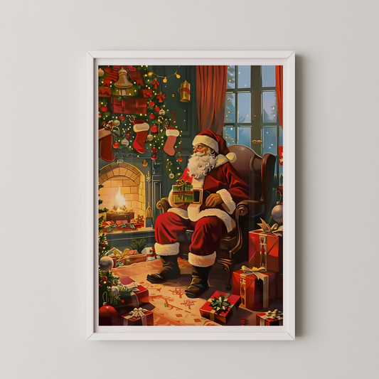 A classic illustration of jolly Santa Claus seated by a hearth, in a painterly digital realism style.
