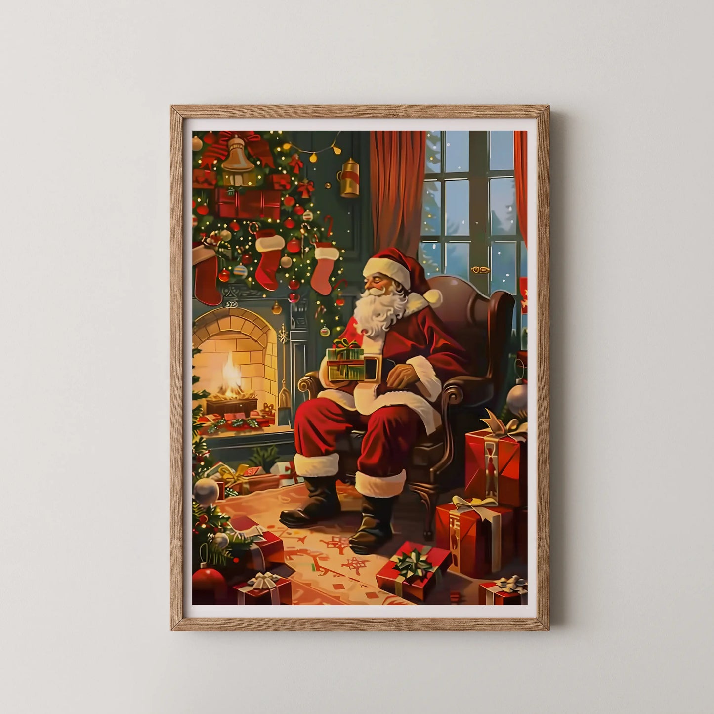 A classic illustration of jolly Santa Claus seated by a hearth, in a painterly digital realism style.