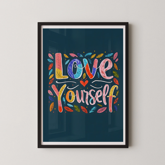 A modern typography wall art featuring the hand-lettered phrase "Love Yourself" with a heart and colorful doodles.