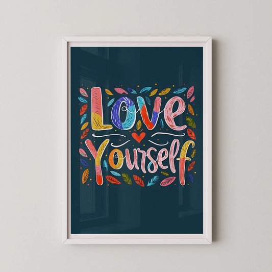 A modern typography wall art featuring the hand-lettered phrase "Love Yourself" with a heart and colorful doodles.