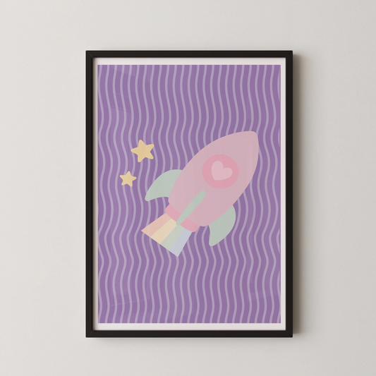 A minimalist illustration of a pastel rocket with heart window, mint green fins, and pale yellow stars against lavender waves.