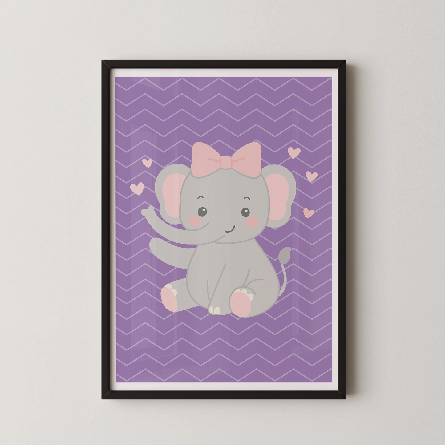 A modern flat-vector illustration of a kawaii-style baby elephant with a pink bow on lavender chevrons.