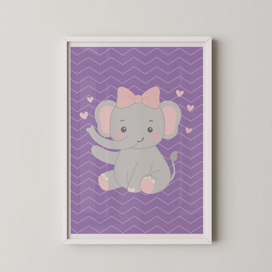 A modern flat-vector illustration of a kawaii-style baby elephant with a pink bow on lavender chevrons.