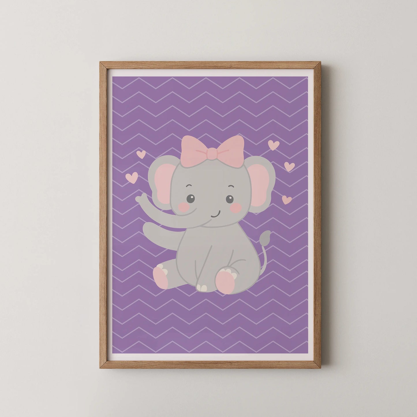 A modern flat-vector illustration of a kawaii-style baby elephant with a pink bow on lavender chevrons.