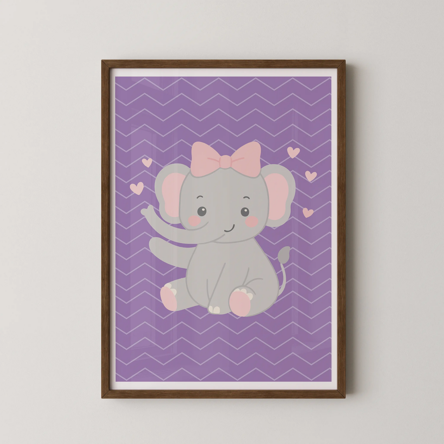 A modern flat-vector illustration of a kawaii-style baby elephant with a pink bow on lavender chevrons.