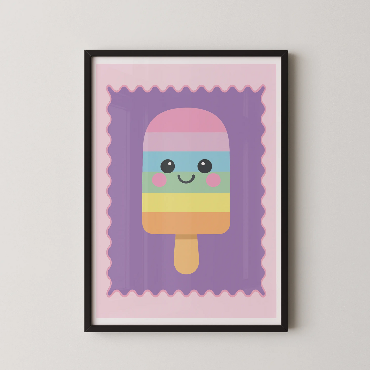 A modern illustration of a kawaii rainbow popsicle with cute eyes and a smile.