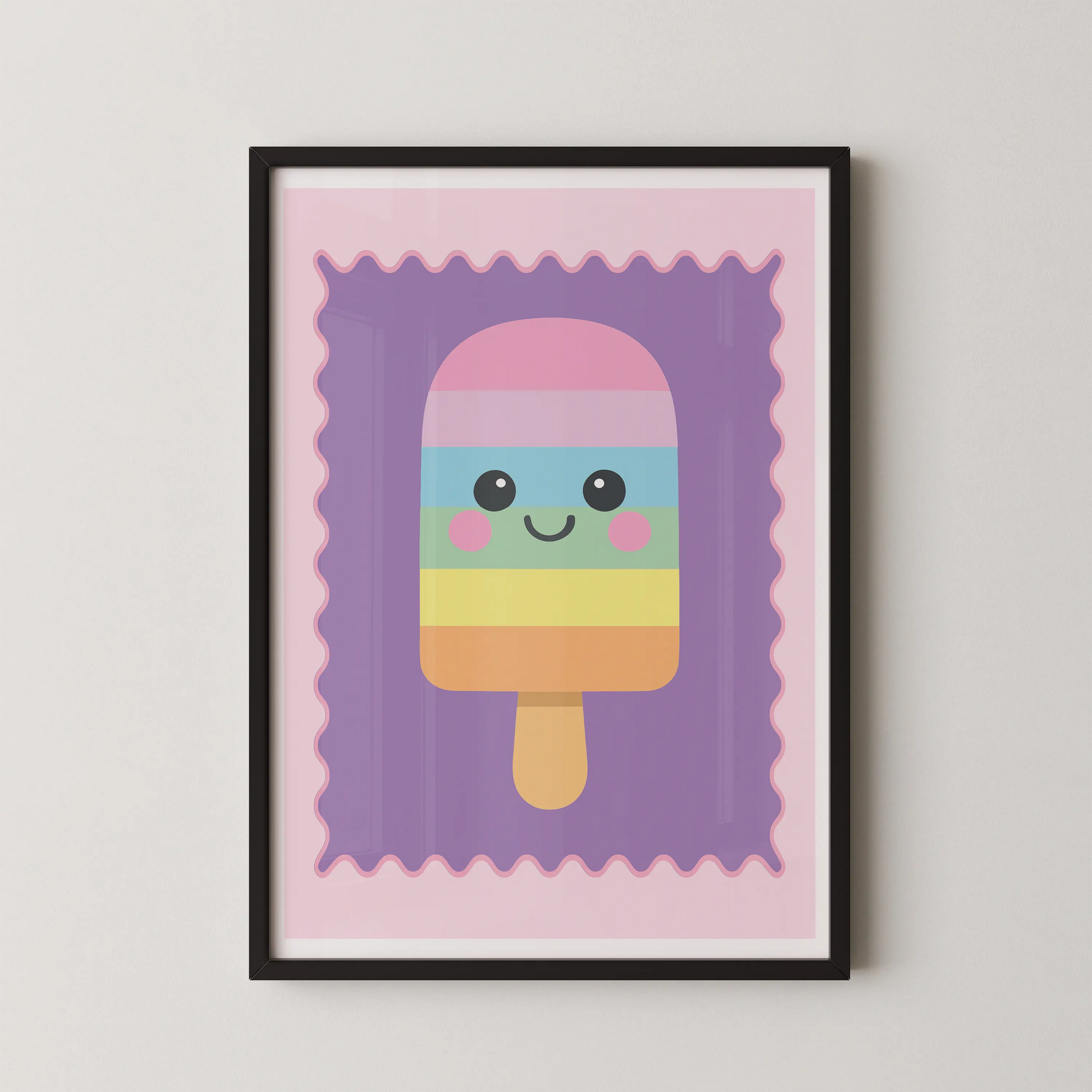 A modern illustration of a kawaii rainbow popsicle with cute eyes and a smile.