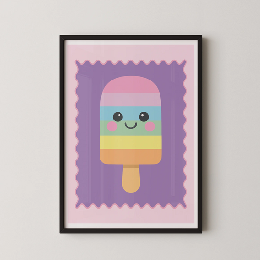 A modern illustration of a kawaii rainbow popsicle with cute eyes and a smile.