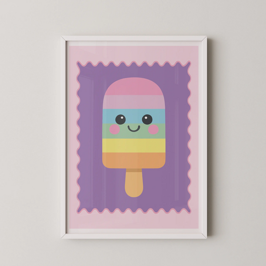 A modern illustration of a kawaii rainbow popsicle with cute eyes and a smile.