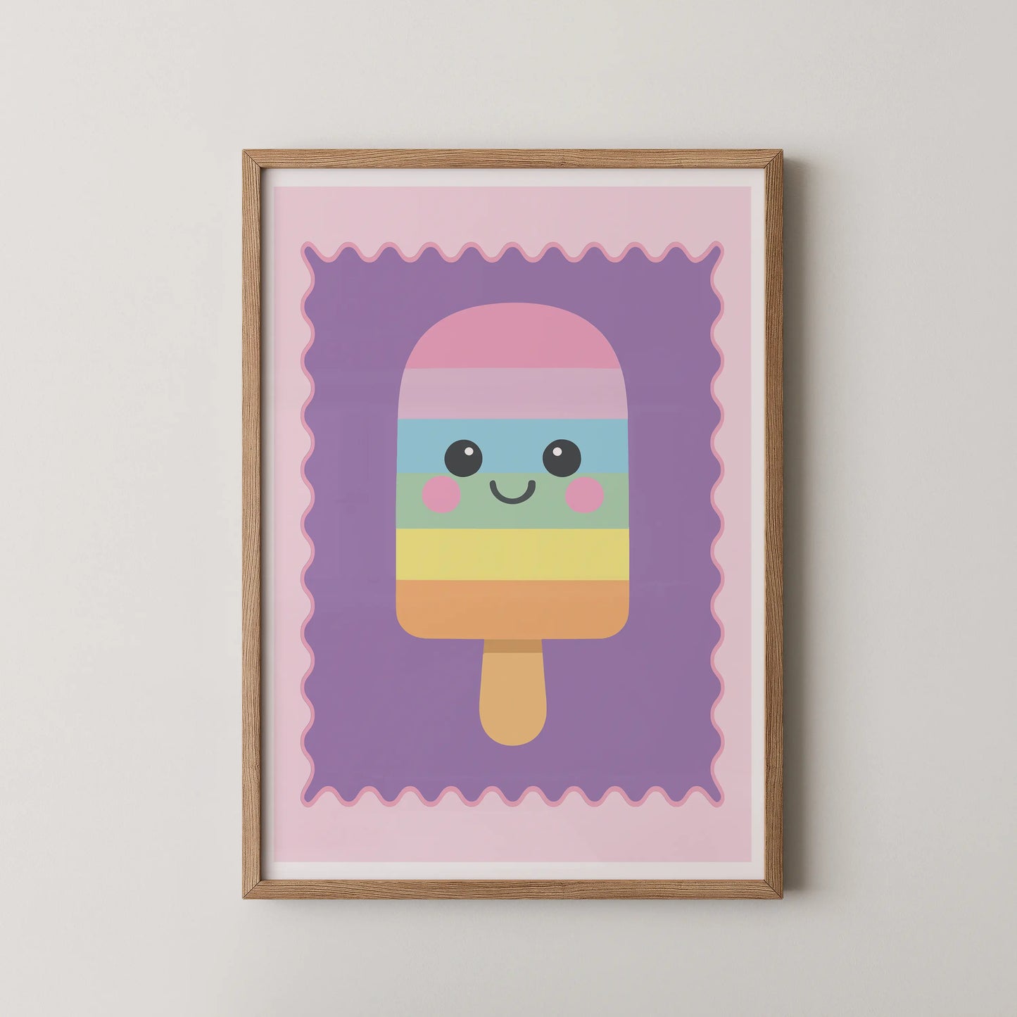 A modern illustration of a kawaii rainbow popsicle with cute eyes and a smile.