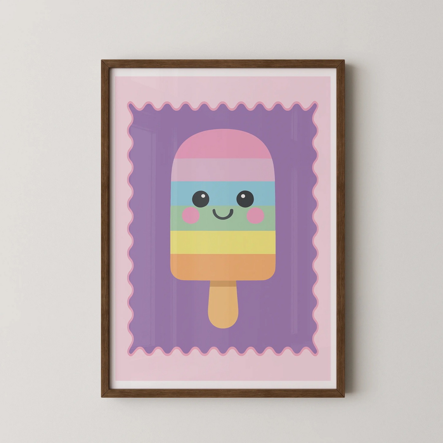 A modern illustration of a kawaii rainbow popsicle with cute eyes and a smile.