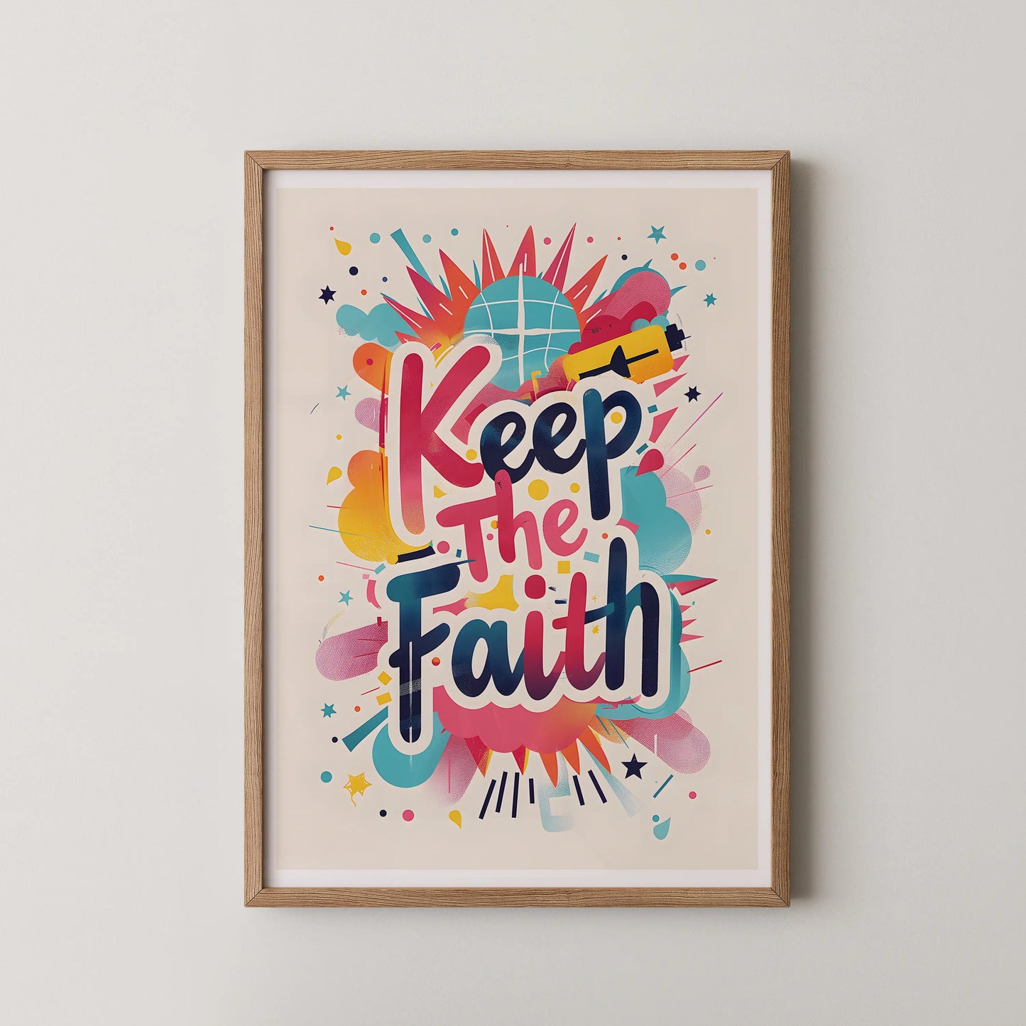A graffiti-inspired Pop Art style wall art featuring the motivational phrase "Keep The Faith" with abstract shapes.