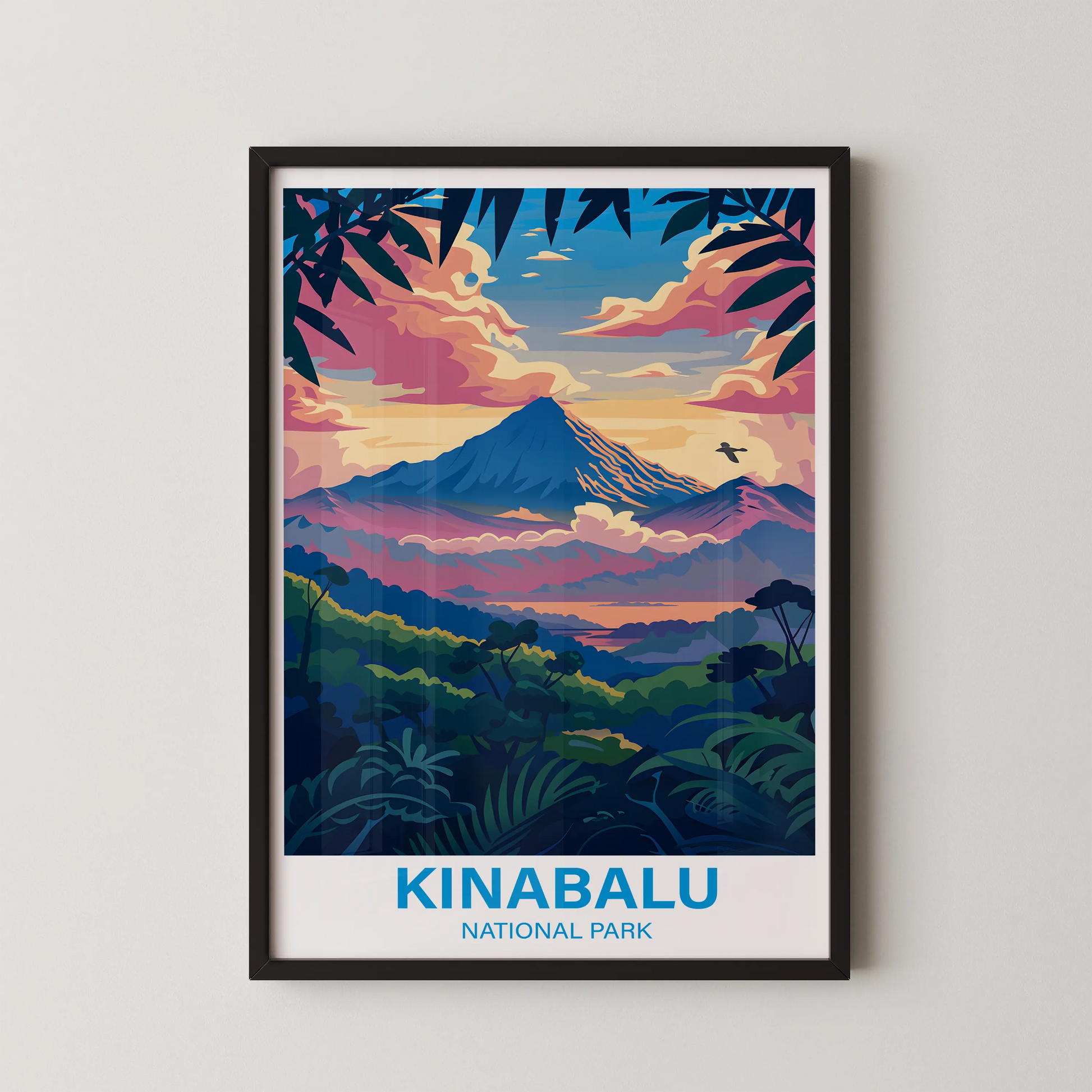 A stylized vector landscape of Mount Kinabalu in a bold, poster-style with vibrant, flat-color planes.