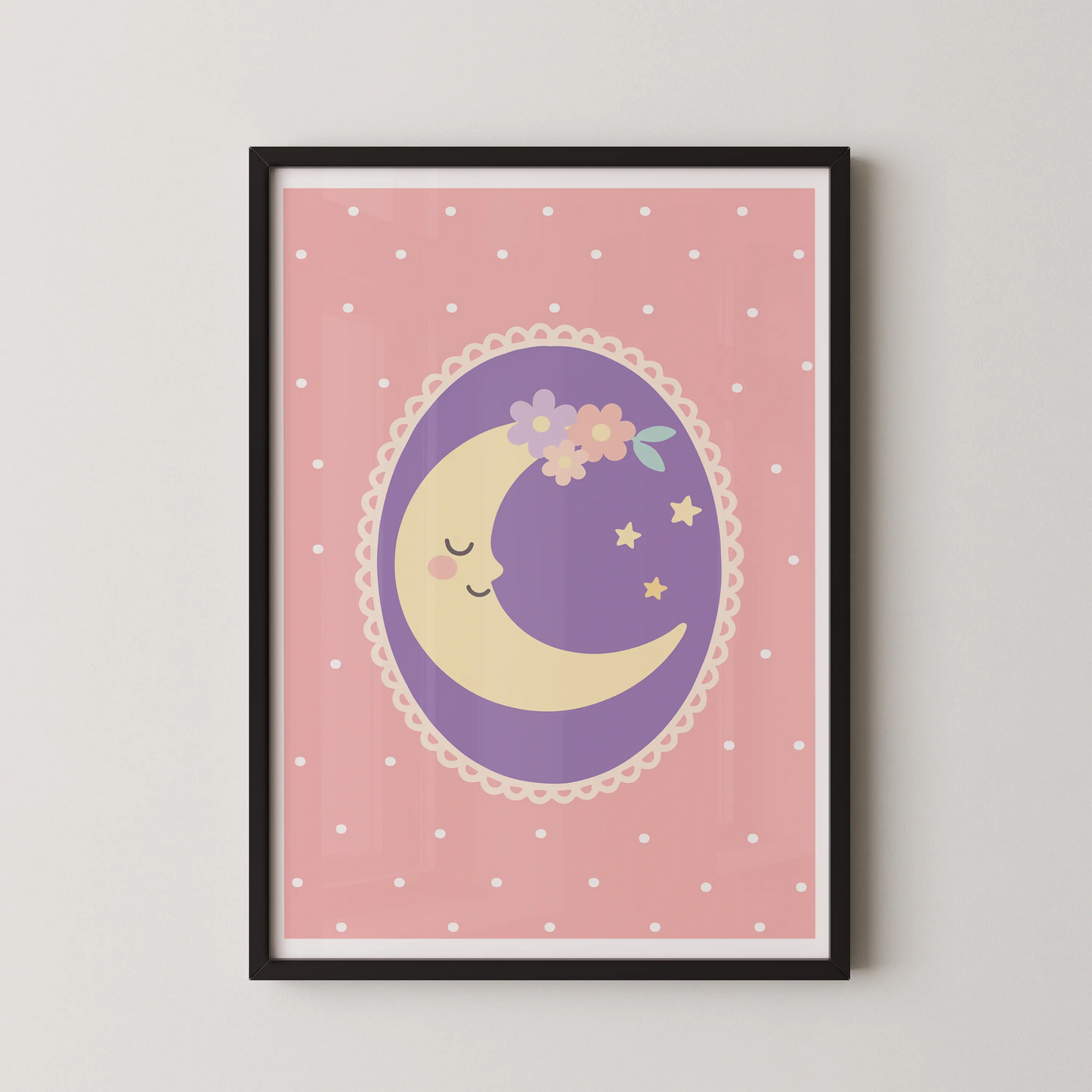 A modern vector illustration of a crescent moon in a lavender oval, adorned with a floral crown and tiny stars.